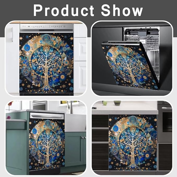 Tree of Life Dishwasher Cover Vinyl Fridge Panel Decal, Mandala Style Refrigerator Front Door Cover, Tree of Life Cabinet Sticker for Home Appliance Decor (23" W x 26" H Ordinary)