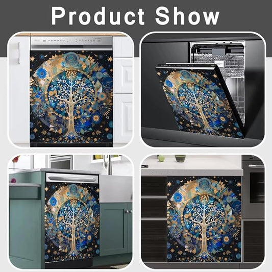 Tree of Life Dishwasher Cover Vinyl Fridge Panel Decal, Mandala Style Refrigerator Front Door Cover, Tree of Life Cabinet Sticker for Home Appliance Decor (23" W x 26" H Ordinary)