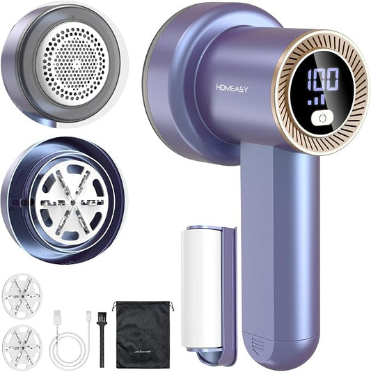 HOMEASY Fabric Shaver, Rechargeable Lint Remover for Clothes Purple | Electric sweater shaver and depiller with 70mm head, 6-leaf blades, LED battery display and Type-C charging for Furniture by HOMEASY