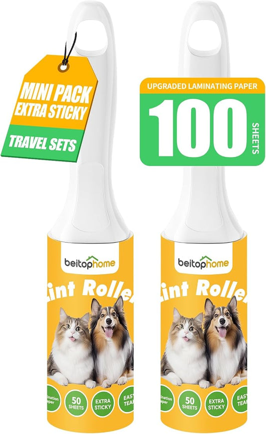 Mini Lint Roller 2 Pack for Pet Hair, 100 Sheets Total | Travel-Size Rollers for Purse, Car, Office, Luggage & Home by Beitophomepet%60sfamily