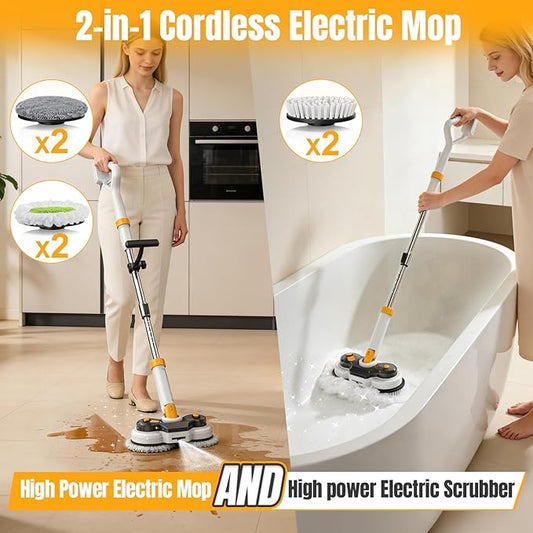 Cordless Electric Mop for Dewalt 20V Battery (NO Battery), 2 in 1 Spin Mop & Electric Floor Scrubber with LED Light & Water Spray, Electric Mops for Floor Cleaning, Hardwood,Tile (White Yellow)