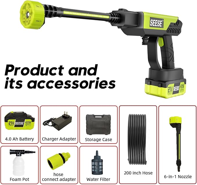 Cordless Pressure Washer Gun: 1200 PSI Portable Electric Washer for Vehicle, Driveway & Deck - Ergonomic Handle Design with 30min Runtime & 6-in-1 Nozzle