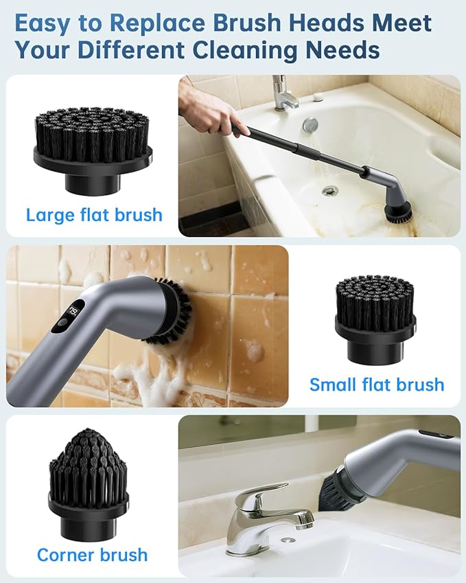 Electric Spin Scrubber, IPX7 Waterproof Dual Speed Cordless Cleaning Brush with 7 Replacement Heads, Extendable Long Handle Shower Scrubber for Bathroom Shower Bathtub Glass Tub Tile Floor Car