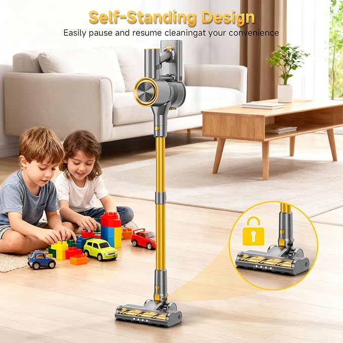 Cordless Stick Vacuum Cleaner - 45KPA Powerful Suction Vacuum with 45 Min Runtime, Detachable Battery, Anti-Tangle & 1.5L Dust Cup, 8 in 1 Vacuum Cleaner for Pet Hair, Carpet, HardFloor, Yellow