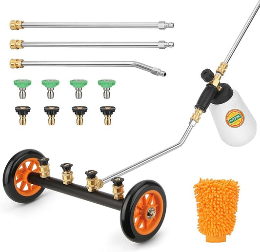 2-in-1 Undercarriage Pressure Washer Water Broom with Replaceable Nozzle, 16 Inch Car Pressure Washer with Foam Washer/Mitten, Surface Cleaner 1200-4000 PSI (with Bottle& Replaceable Nozzle)