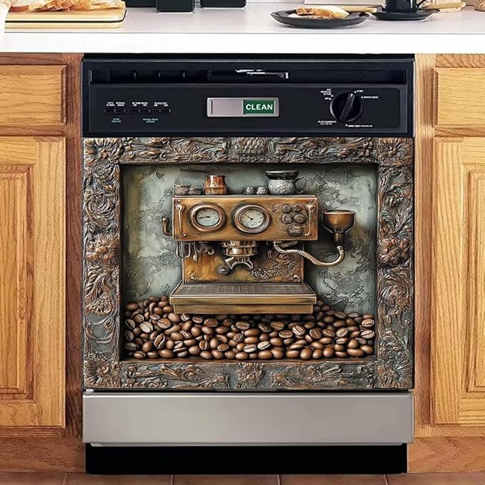 Retro Coffee Machine Dishwasher Magnet Cover, Dish Washer Cover for Kitchen Decor, Easily Trimmable Dishwasher Sticker Refrigerator Magnetic Cover 23×17 in