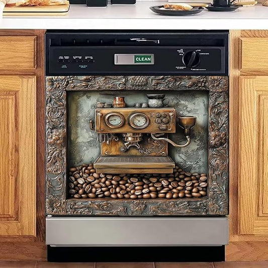 Retro Coffee Machine Dishwasher Magnet Cover, Dish Washer Cover for Kitchen Decor, Easily Trimmable Dishwasher Sticker Refrigerator Magnetic Cover 23×17 in