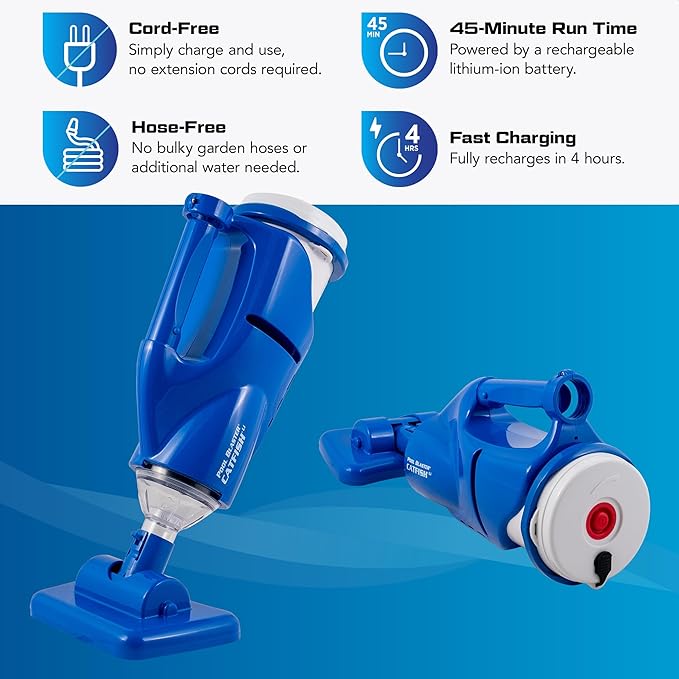 POOL BLASTER Catfish Cordless Pool Vacuum for Spot-Cleaning, Hot Tubs & Spas, up to 45 Min Runtime, Quick, Efficient, Handheld Rechargeable, Swimming Pool Cleaner, Above Ground & Inground Pool Steps