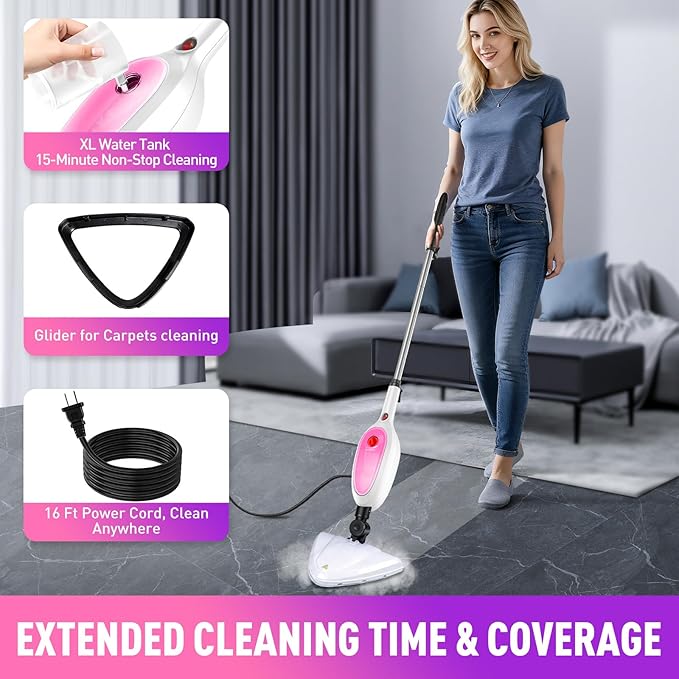 Steam Mop & Detachable Handheld Steamer 2-in-1 Design, 20s Fast Heat-Up, 16FT Power Cord, 10-in-1 Multi-Purpose Steam Cleaner for Hardwood Floors/Carpet/Tile/Grout/Window/Stove for Deep Home Cleaning