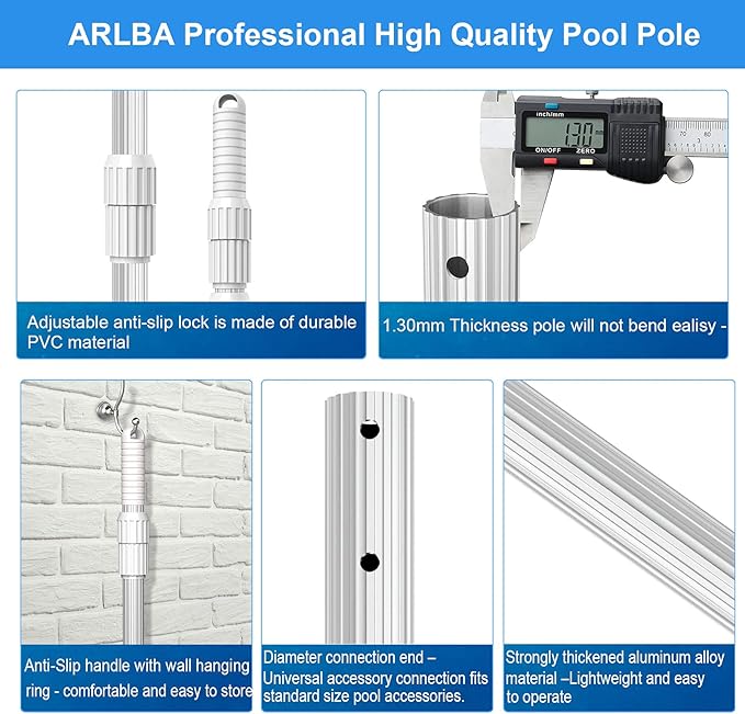 ARLBA Upgraded Professional 16.5 Feet Swimming Pool Pole Telescopic Aluminum Thicken 1.30mm Adjustable Fits Skimmer Net Rake Vacuum Head Brush Pool Cleaning Equipment Heavy Duty -Universal Fit 1-1/4