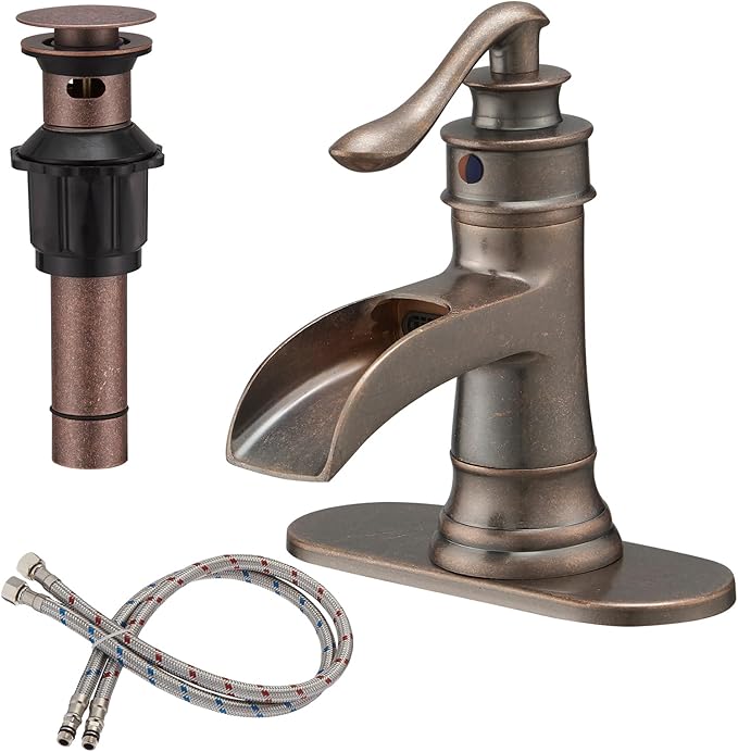 BWE Copper Bathroom Faucet Antique Brass Sink Vanity Basin Single Handle with Pop up Drain Assembly Waterfall Rose Mixer Tap One Hole Lever with Overflow Deck Mount Commercial