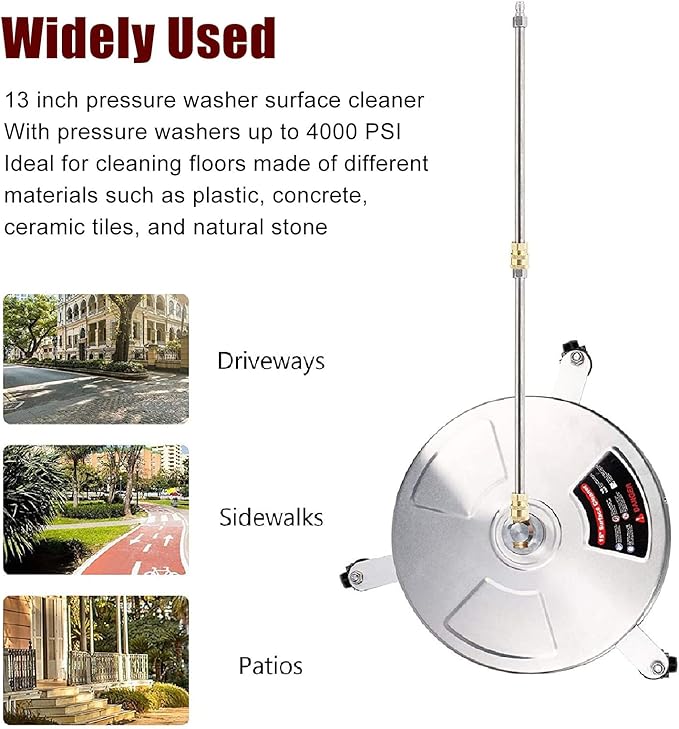 Pressure Washer Surface Cleaner, 4000psi 13 Inch Stainless Steel Power Sweeper with 4 Wheels 2 ExWand for Concrete, Ceramic Tiles, Stone, Patio, Garden, Driveways, Sidewalk