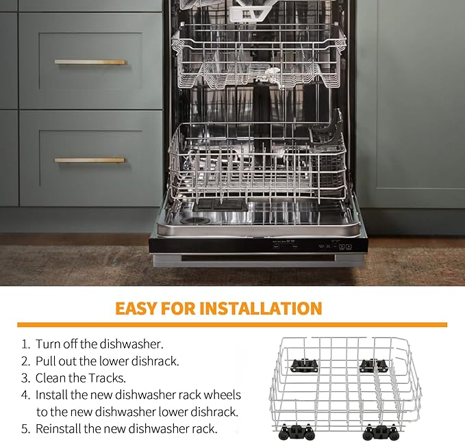 Upgraded W10728159 Dishwasher Lower Rack Stainless Steel Replacement Parts for Maytag Kitchenaid Dishwasher Rack W10525646 W10780925 Dishrack Whirlpool Kenmore Dishwasher Bottom Rack Assembly Wheels