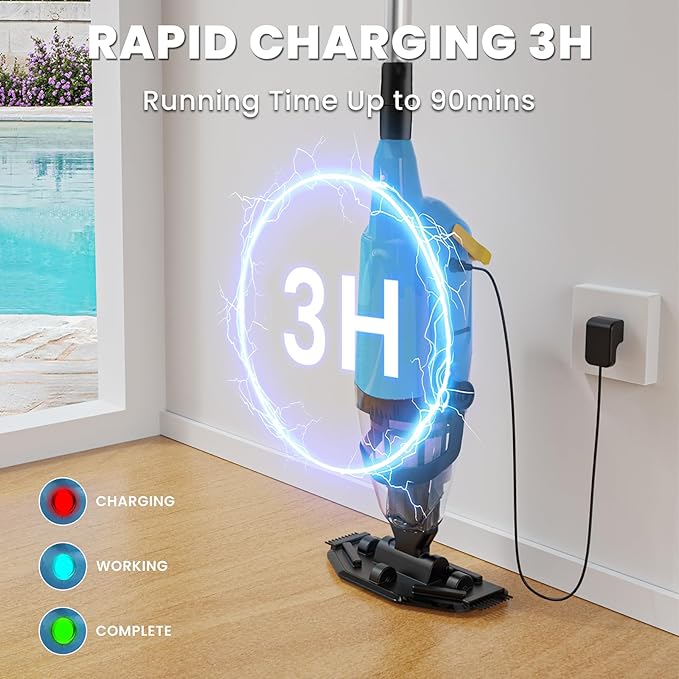 EFURDEN Pool Vacuum for Above Ground Pool, Cordless Handheld Rechargeable Pool Cleaner with Running Time Up to 90 Minutes for Sand and Debris, Ideal for In-Ground Pools, Spas, and Hot Tubs (Blue)
