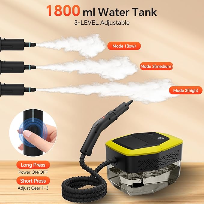 Heapsion Handheld Steam Cleaner, 4 Bar Pressure, 15s Fast Heat-Up, 1.8L Large Capacity Tank, 6 Steam Levels, 12-Piece Accessories, 1500W Portable Steam Cleaner for Grout, Tiles, Kitchen, Car Detailing