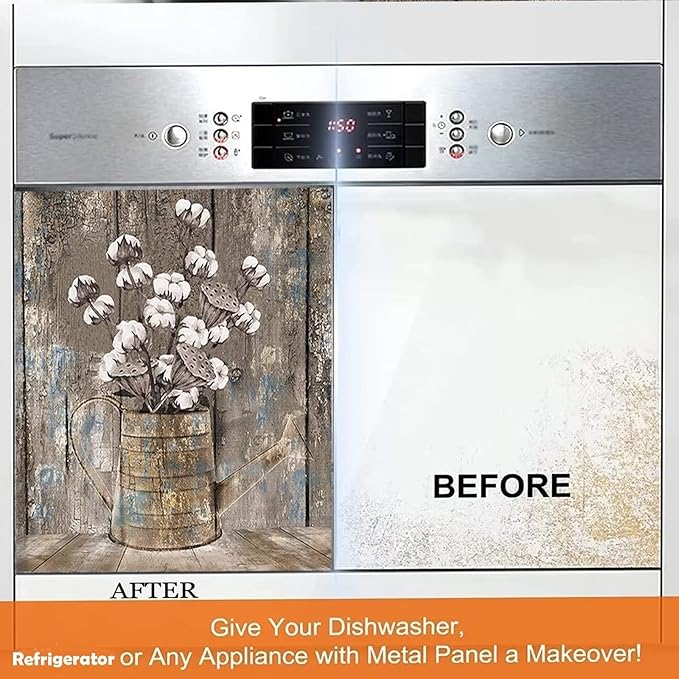 Vintage Wood Dishwasher Cover Kitchen Decorative,Rustic Wooden Dishwasher Magnet Cover Decor Cotton Flower Sticker,Retro Farm Floral Dishwasher Decal Home Appliance Panel Stickers 23"x17"