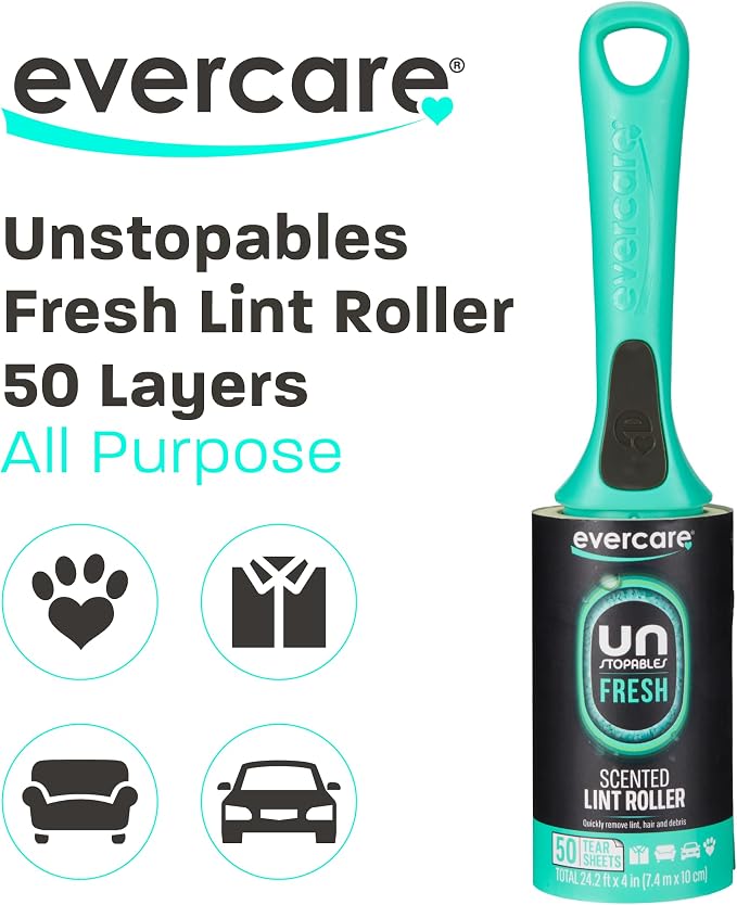 Evercare with Unstopables Fresh Scent All-Purpose Lint Roller, 4-Pack, 50 Layers Per Roller, Total 200 Sticky Sheets, Pet Hair & Lint Remover - Image 3