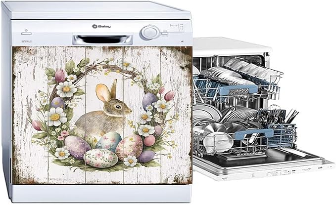 Easter Bunny Dishwasher Full Door Magnetic Sticker Home Appliances, Easter Eggs Refrigerator Magnet Skin Cover, Spring Wreath Magnetic Dishwasher Panel Cover - (23" x 17" Magnetic)