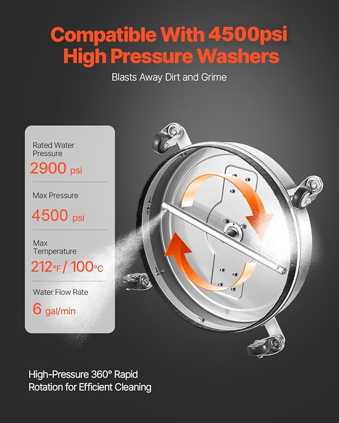 VEVOR 21" Pressure Washer Surface Cleaner, Stainless Steel Pressure Washer Attachments with 4 Wheels, 4500 Max PSI, 3/8 Quick Connector, 2 Spray Nozzles, Dual Handle, for Concrete, Patio, Sidewalk