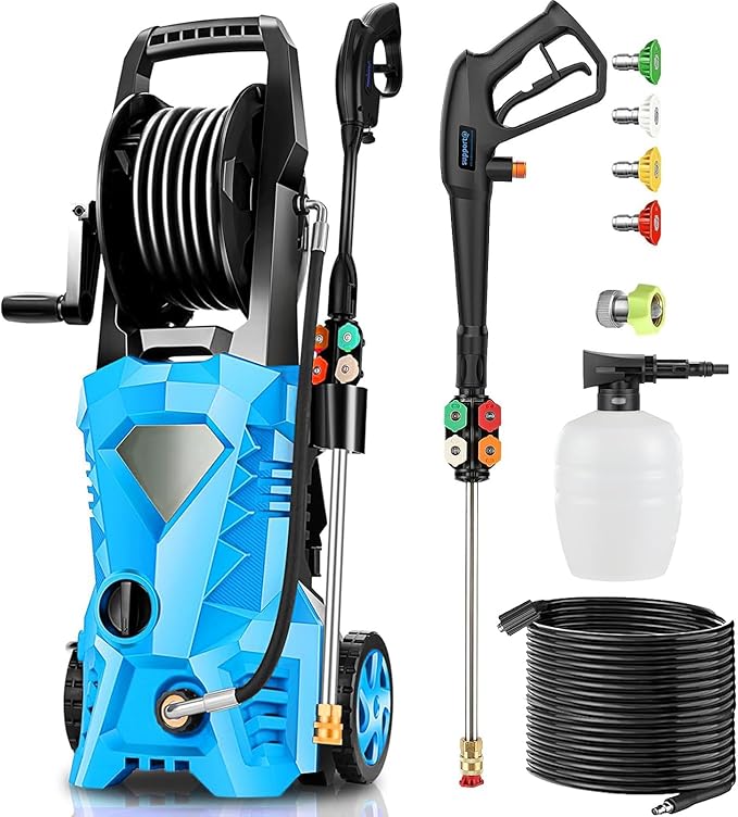commowner𝐏𝐨𝐰𝐞𝐫 𝐖𝐚𝐬𝐡𝐞𝐫 𝟓𝟎𝟎𝟎𝐏𝐒𝐈 Portable with 33FT Pipe, 4 Nozzle Set for Home/Cars/Fences/Windows, Spphire
