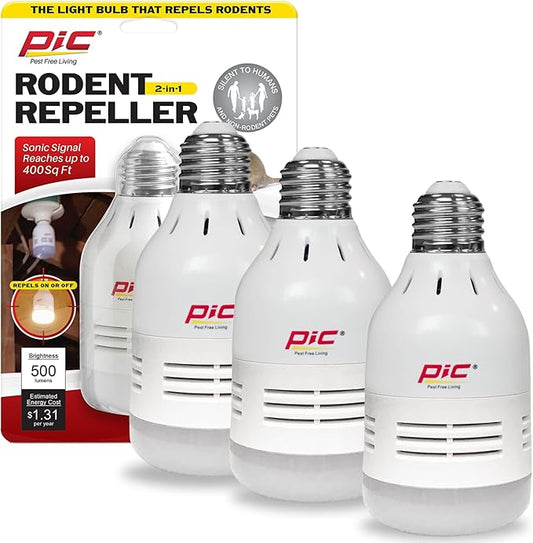 PIC Ultrasonic Rodent Repeller LED Light Bulb, Mouse & Rat Deterrent, Pest Control for Homes, Garages, Attics, Works with or Without Light On