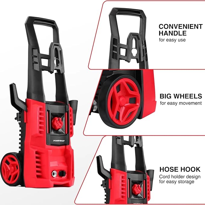 Electric Pressure Washer, 1850 PSI Max,1.0 GPM, 5" Wheels, 18M Cord/Hose Length Max, Power Washer for Patio, Car, Driveway, Fence & Home Cleaning