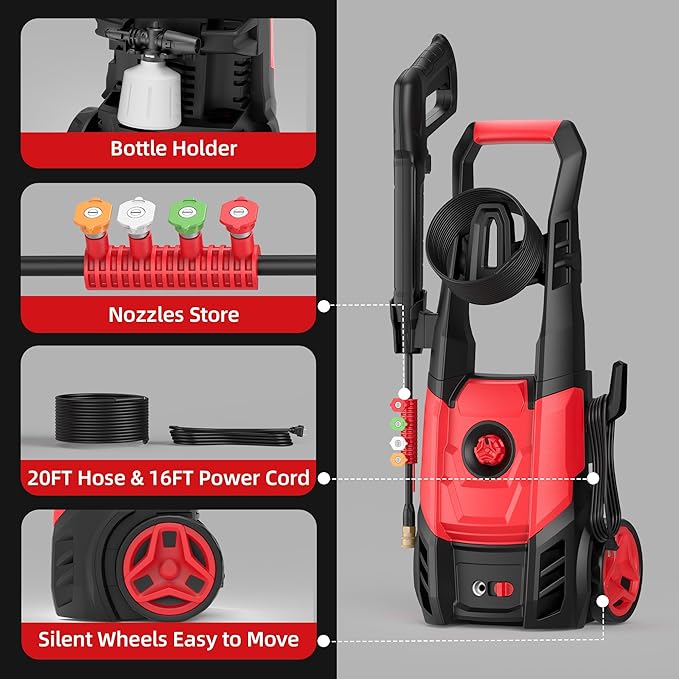 Electric Pressure Washer, 2.5 Max GPM Electric Power Washer with Foam Cannon, Powerwasher with 4 Nozzles, High Pressure Washer for Cars, Driveways, Patios, Decks