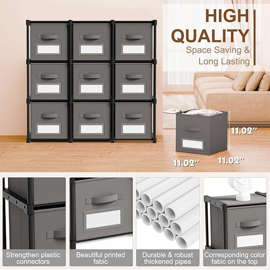 Geelin 9 Sets Cube Storage Organizer Bins with Shelf & Labels 11 Inch, Fabric Collapsible Cubby Toys Clothes Storage Drawer Unit for Daycare Nursery Playroom Bedroom Dorm Organizer (Gray)