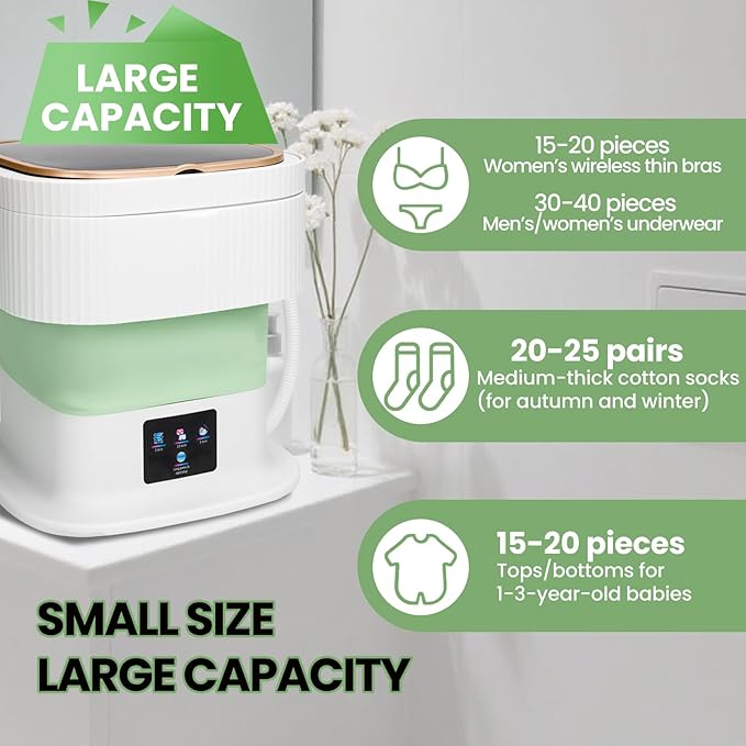 Portable Washing Machine Mini Washer for Apartments - Compact, Foldable Countertop Clothes Washer & Dryer Combo, Small Lavadora Portatil, Handheld Laundry Machine (Green, Large)