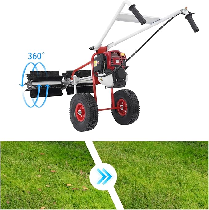 Gas Handheld Lawn Sweeper, 4 Stroke Snow Sweeping Broom Driveway Turf Lawns Artificial Grass Power Brush Lawn Sweeper Cleaner Tools, 23.62 x 23.62 x 37.8In
