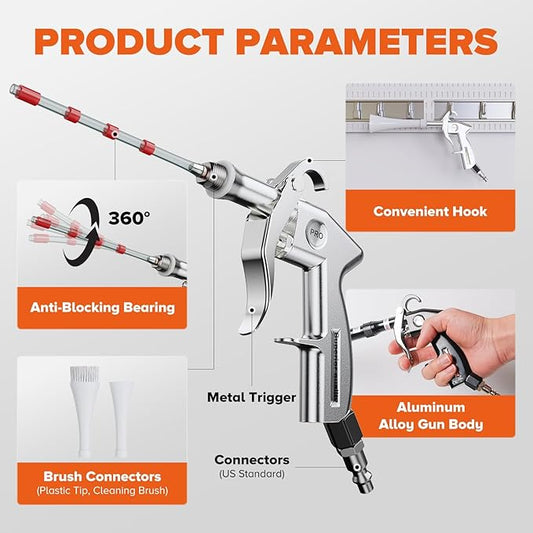 Tornado Car Cleaning Gun Interior Dryer Air Blow Gun, Automotive Tool Car Detailing Supplies High Pressure Air Gun, Car Detailing Cleaner Kit for Car Quickly Blasts Dirt and Dust Works with Air Silver