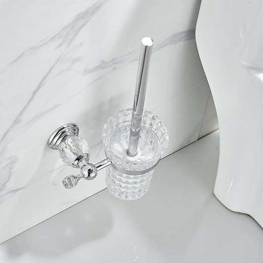 WOLIBEER Crystal Toilet Brush Holder, Chrome Toilet Cup Set with Polished Silver Brush Handle Wall Mounted for Bathroom - Decorative Design,Space Saving.