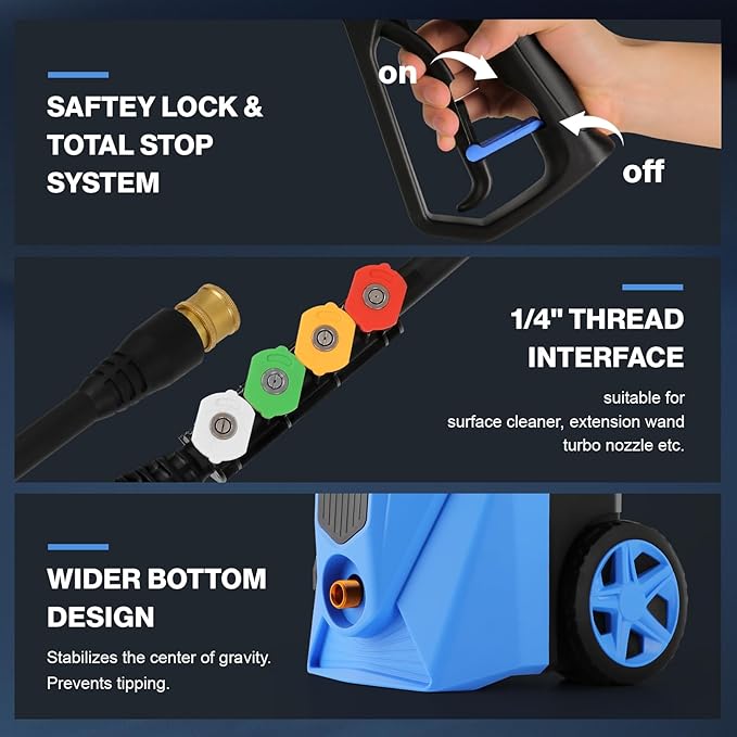 commowner𝐏𝐨𝐰𝐞𝐫 𝐖𝐚𝐬𝐡𝐞𝐫 𝟓𝟎𝟎𝟎𝐏𝐒𝐈 Portable with 33FT Pipe, 4 Nozzle Set for Home/Cars/Fences/Windows, Light Blue