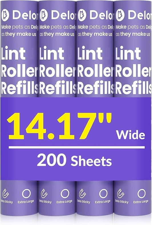 DELOMO 14.17" Large Lint Roller Refills (4 Packs 200 Sheets) – Compatible Only with DELOMO 14.17 in Giant Lint Roller – Extra Sticky Floor Lint Roller Refill for Carpets, Bedding, Couches, Pet Hair by DELOMO