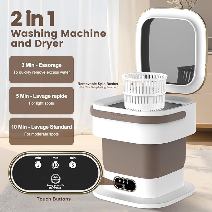 Portable Washing Machine, 15L Mini Washing Machine with Spin Basket & 3 Cleaning Modes for Small Clothes,Foldable Mini Washer for Apartments, Dorms, Camping (Khaki)