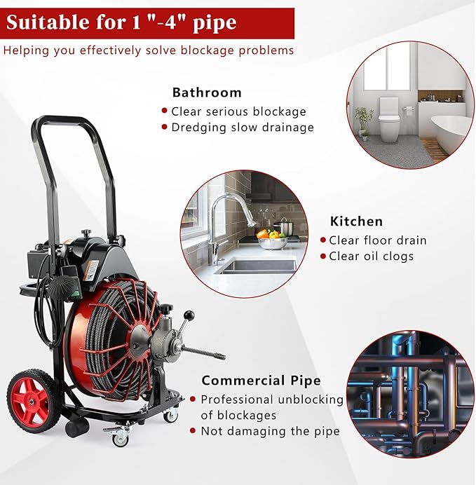 Winado Drain Cleaner Machine 100 FT x 1/2 Inch, 550W Portable Electric Drain Sewer Auger Cleaning Auto Feed with 4 Cutter, Air-activated Foot Switch, Gloves for 1" to 4" Pipes