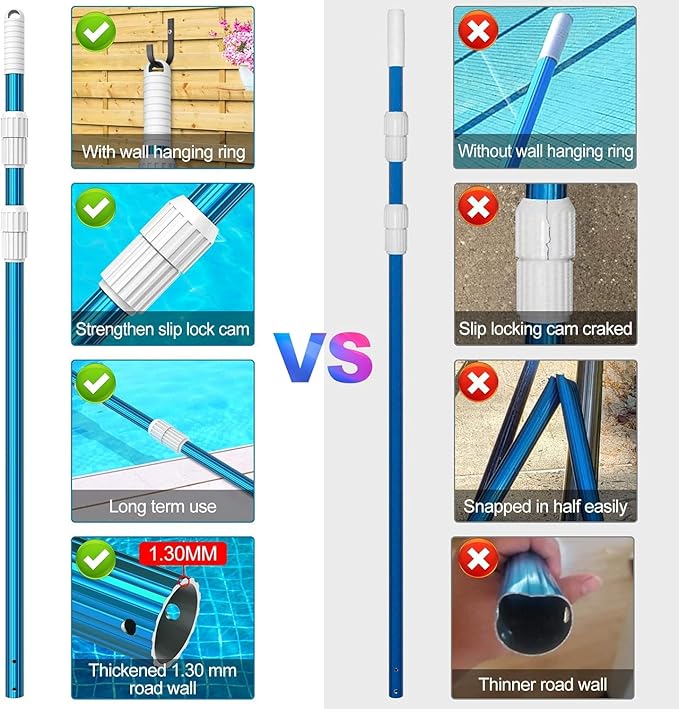 CKE Upgraded 16.5 Feet Thicken 1.3mm Blue Aluminum Telescoping Swimming Pool Pole,Adjustable 3 Piece Expandable Step-Up,Attach Connect Skimmer Net,Rakes,Brushes,Vacuum Head with Hoses, Universal 1.25"