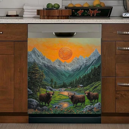 Mountain Landscape Kitchen Decor Dishwasher Magnet Cover Decal, Highland Cattle Sunset Scene Magnetic Dish Washer Panel Door Vinyl Sticker, Refrigerator Magnets,Easy to Clean, 23 x 26 inch