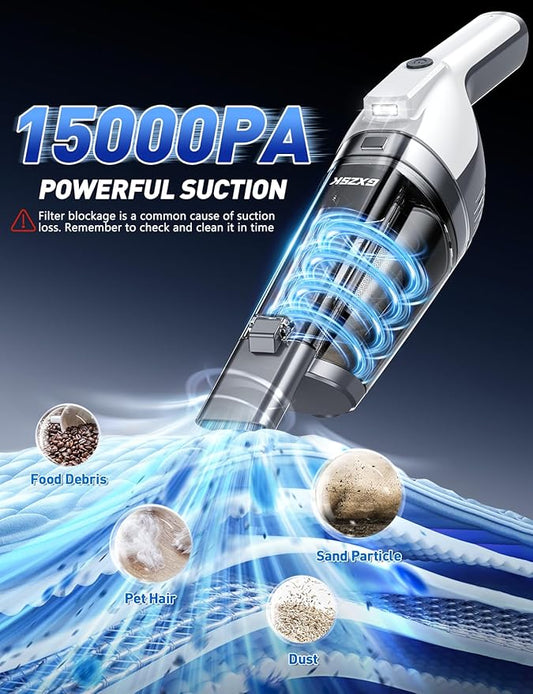 Handheld Vacuum Cordless, 15000PA Powerful Suction Hand Held Vacuum Cleaner, Car Vacuum Portable Cordless with Large-Capacity Dust Bin & LED Light, High Power Hand Vacuum for Home, Car, Office, Pet