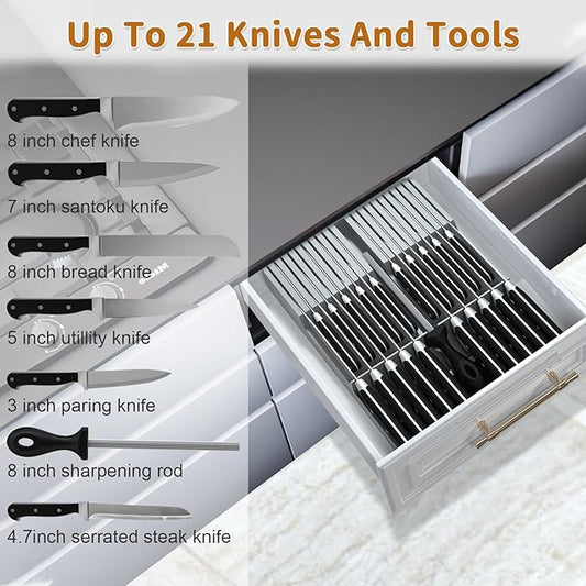 NIUXX Knife Drawer Organizer, Large Capacity In-Drawer Knife Block Set Holds 20 Knives and 1 Sharpening Steel (Not Included), Suitable for Knife Organizer for Kitchen Drawer