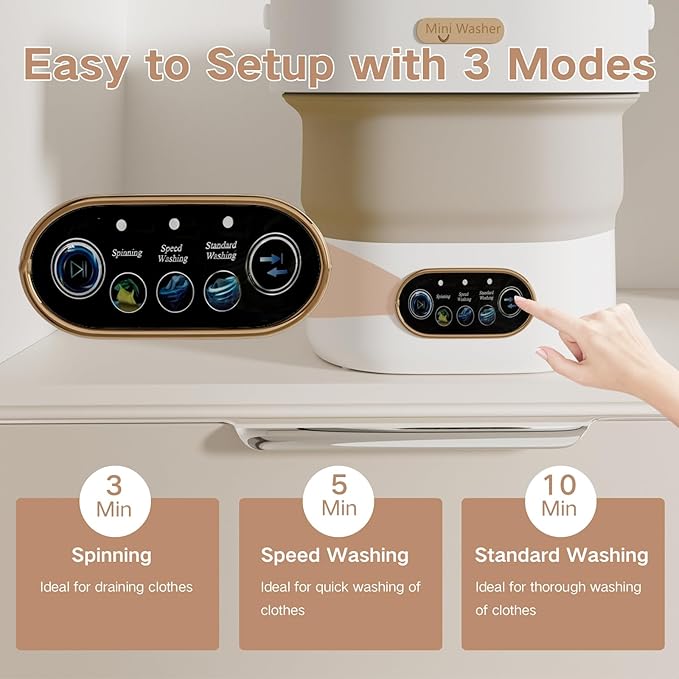 Portable Washing Machine, 15L Mini Collapsible Washer with 3 Cleaning Modes for Baby Clothes, Underwear, Small Foldable Laundry for Travel Apartment Home Dorm Hotel Camping (White+Khaki)
