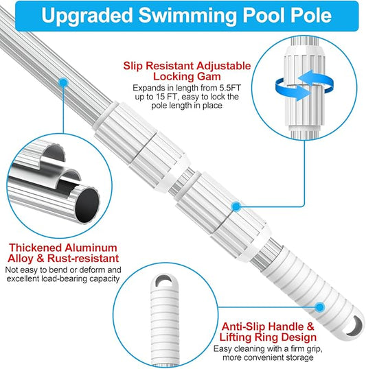 YEECHUN Professional 15 Foot Swimming Pool Pole Telescopic Aluminum Fits Pool Net Skimmer Rake Vacuum Head Brush Cleaning Equipment Heavy Duty,for Skimmer Nets, Vacuum Heads and Brushes