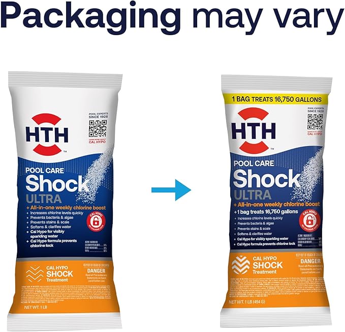 HTH 52047 Swimming Pool Care Salt Shock, Stabilized Chlorinator, 1 dose Treats 10000 gallons, 5x12oz Packets