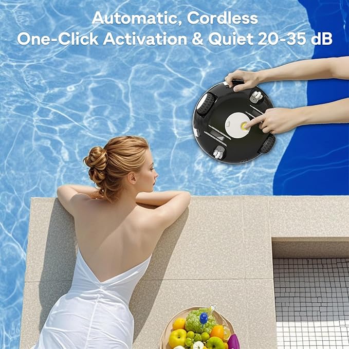 Cordless Robotic Pool Vacuum, 90 Mins Runtime Pool Cleaner with Double Filters, Lightweight, Powerful Brushless Motors for Above Ground Flat Pools up to 860 Sq.Ft (Black)