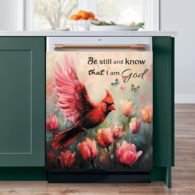 Generic Cardinal Dishwasher Magnet Cover, Tulips Spring Summer Flower Kitchen Decor Fridge Magnetic Sticker, Red Bird with Floral Home Appliances Cabinets Panel Decals,for All Seasons 23x26