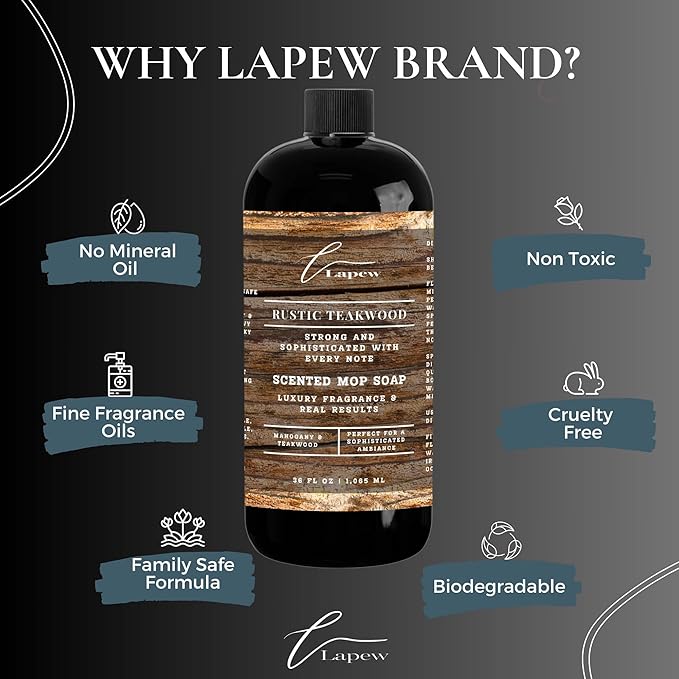 Lapew Rustic Teakwood Scented Cleaning Bundle | Carpet Deodorizer Powder (16 oz) & Mop Soap Concentrate (36 oz) | Pet-Friendly Odor Eliminator