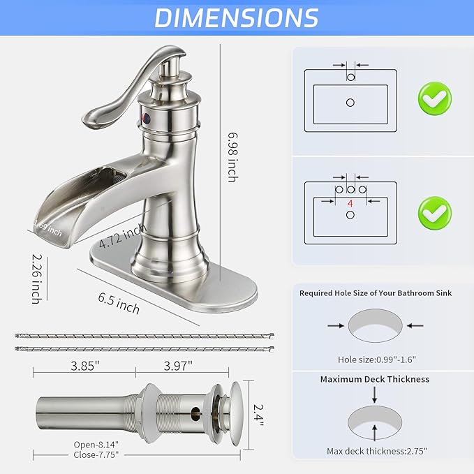 BWE Bathroom Faucet Brushed Nickel Waterfall Single Hole Matching Pop Up Drain Stopper Handle Sink Faucets Bath Vanity Lavatory Vessel Commercial Satin with Water Supply Hose