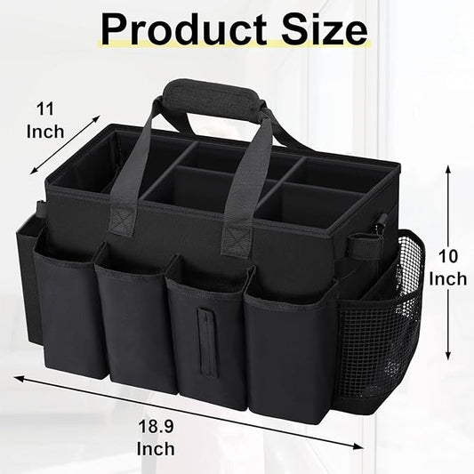 Wearable Large Cleaning Caddy Bag for Housekeeper, Clean Supply Organizer with Adjustable Shoulder, Waist & Handle Straps, Detailing Bag for Kitchen Supplies (Black)