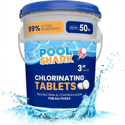 Pool Shark Swimming Pool Chlorine Tablets - 3-Inch Chlorine Tablets - Slow-Dissolving 90% Active Chlorine Tabs - Pool Chemicals for Inground Pools, Above Ground Pools, Saltwater, Spa, Hot Tub (50 lbs)