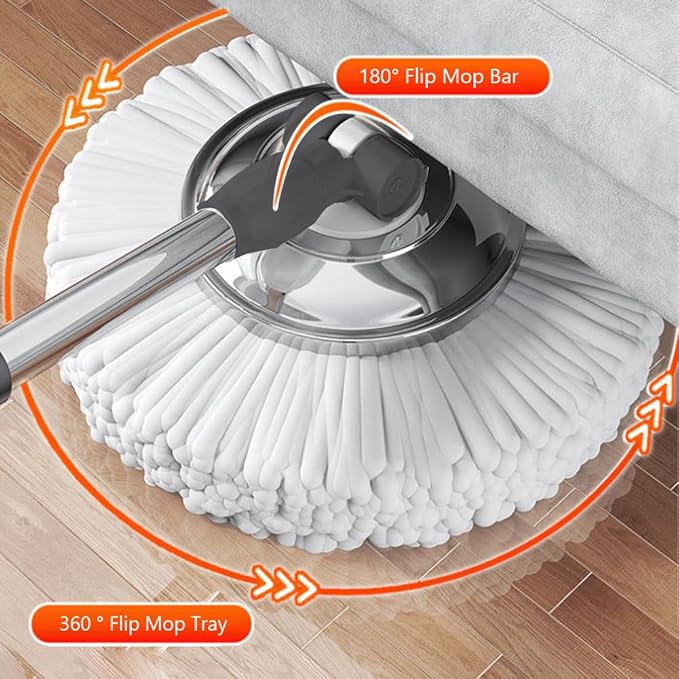 360 Spinning Floor Cleaning System with 6 Replacement Head Refills Extended Handle Household Cleaning Automatic Hand-Free Automatic Dehydration Mop for Household Floor Cleaning (White Blue)